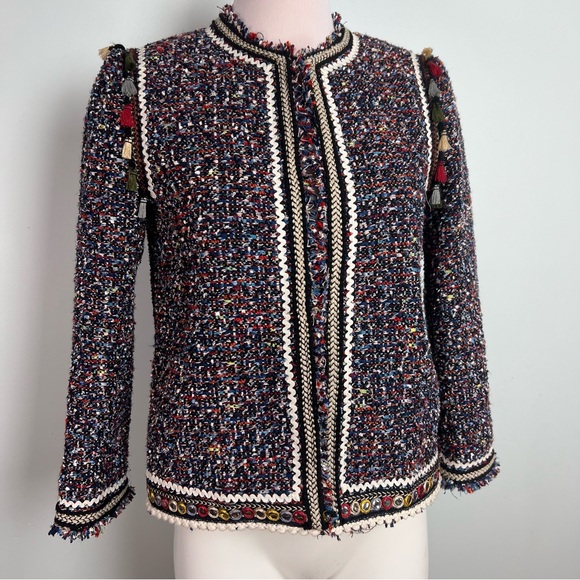 Zara Jackets & Blazers - Zara Woman Tweed Blazer Jacket Small Multicolor Parisian Chic Tassel Fringe Pom